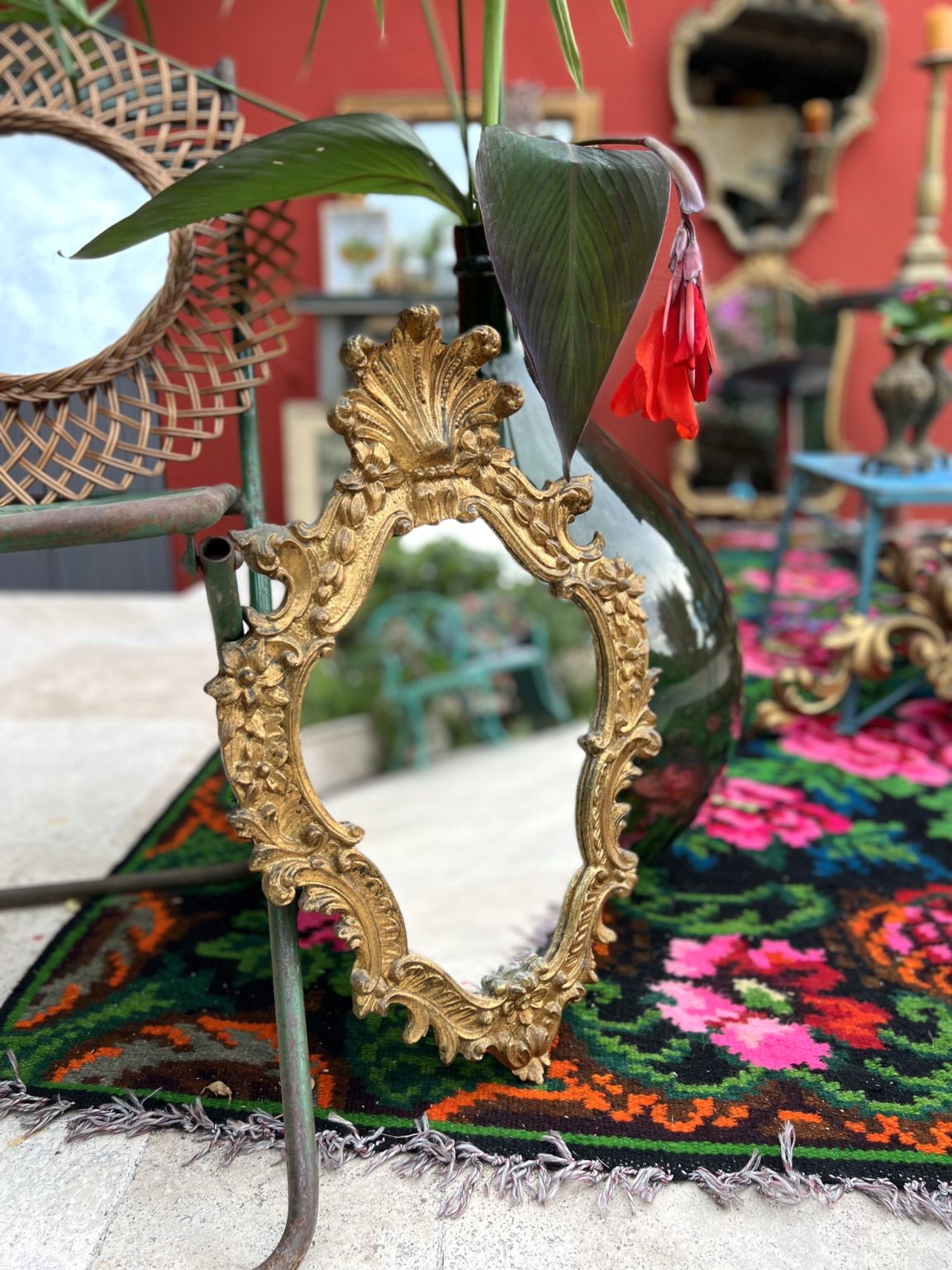 Miroir Baroque Rectangle Vert – Cadre Argenté 35x25cm, Déco Murale